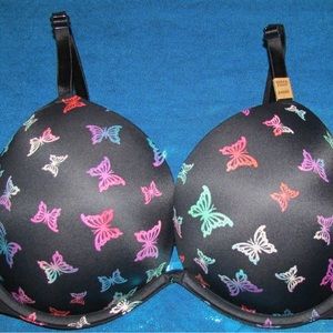Pink Victoria’s Secret, black bra with colored butterflies, size 34 DD, NWT.